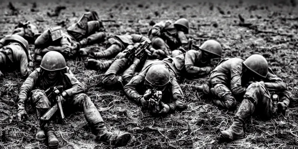 Image similar to exhausted wartorn minions in vietnam, destroyed field, explosions, blood, warzone, war, hyperrealistic, sharp focus, award winning photo