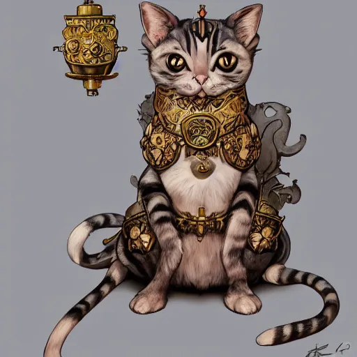 Image similar to A heraldic queen kitty cat with big cute eyes and her paw raised like a maneki-neko and flowers around, D&D, fantasy, intricate, cinematic lighting, highly detailed, digital painting, artstation, concept art, smooth, sharp focus, illustration, art by Akihiko Yoshida, Greg Rutkowski and Alphonse Mucha