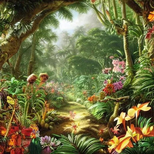 Image similar to an enchanted forest full of tropical flowers, by alex horley