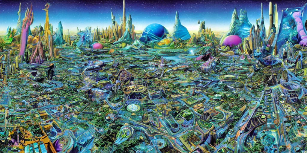 Prompt: a psychedelic retro sci fi city in space by roger dean equirectangular projection