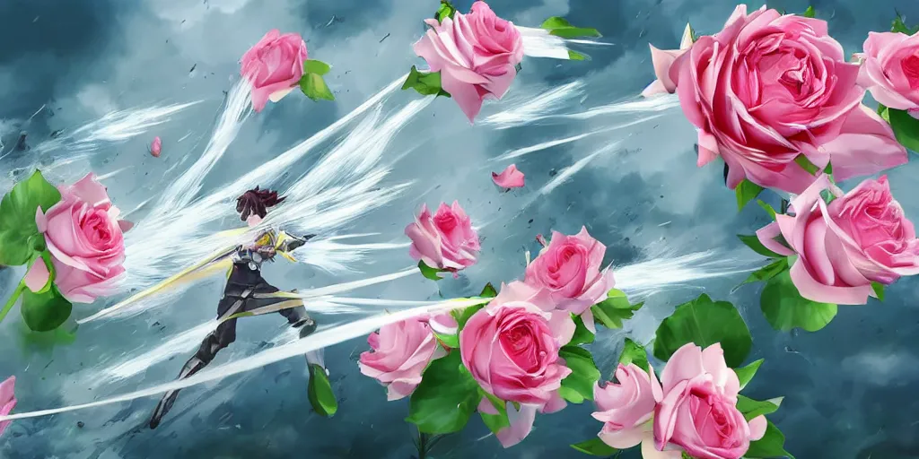 Prompt: floating flying longswords slicing through a bouquet of white and pink roses, flowers exploding and spraying, big puffy clouds, sharp rain, large rose petals, lotus petals, large polygonal background elements, large polygons, dramatic anime, dramatic lighting, artgerm, manga, trending on artstation, art nouveau, mature colors