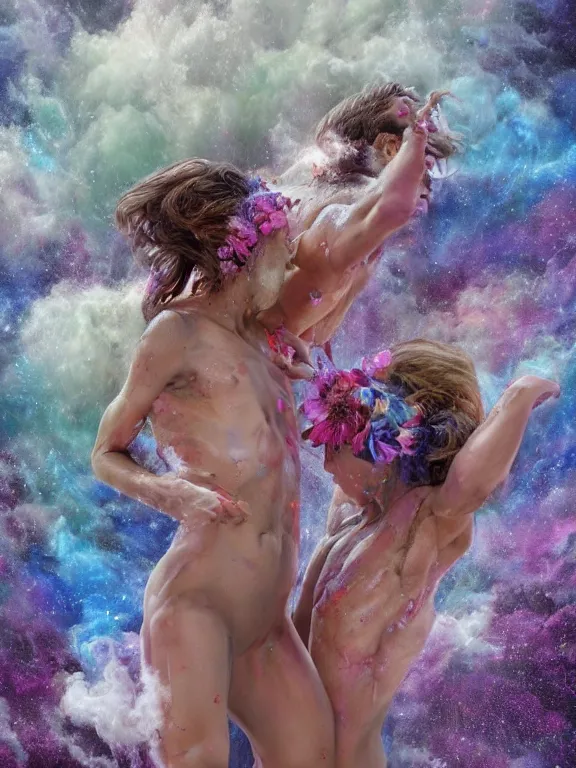 Image similar to dance of 2 humanoids made of infinite flowing sheer petals, covered in splashes and strokes of paint, clouds, smoke and flowers, feminine, muscular, flowing cloth, pastel 8 k, rendered in cinema 4 d, ultra realistic, atmospheric, cinematic, golden ratio. hyperrealism, biblical, baroque, renaissance painting, crystals, rays of light, trending on artstation