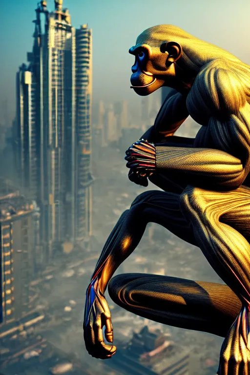 Prompt: high quality 3 d render ultra realistic mischievous cyborg muscular man monkey blue hybrid sitting, gold madhubani, highly detailed, cyberpunk!! mumbai in the background, unreal engine cinematic smooth, szukalski, moody light, low angle, uhd 8 k, sharp focus