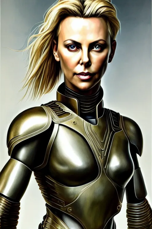 Prompt: a photorealistic painting of Charlize Theron, partially clothed in metal-plated battle armor, olive skin, long dark hair, beautiful bone structure, symmetrical face, perfect eyes, intricate, elegant, digital painting, concept art, illustration, sharp focus, minimal artifacts, from Metal Gear, in the style of Ruan Jia and Mandy Jurgens and Greg Rutkowski, trending on Artstation, award winning