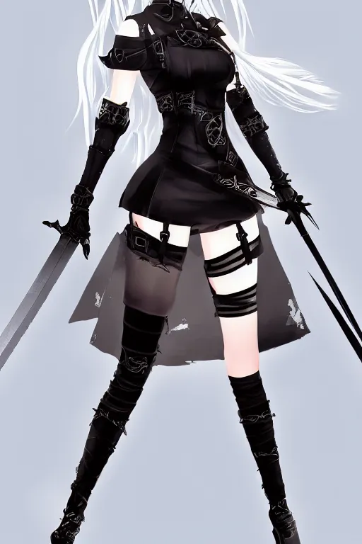 Image similar to nier automata warrior with swords, goth ninja, pretty face, ultra detailed, digital art, 8k ,character ,realistic, portrait, hyperrealistic