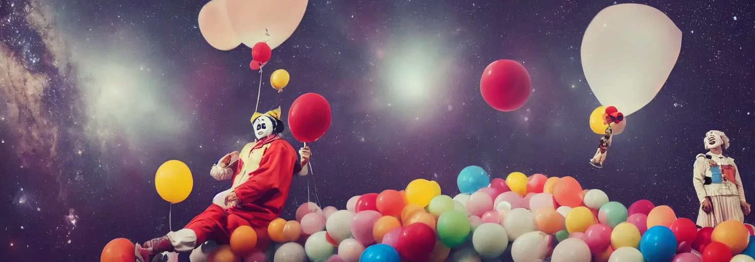 Prompt: A clown and balloons floating in space, planet Earth in the background, inspiring, epic, cinematic, award-winning, highly-detailed