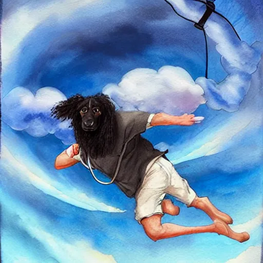 Image similar to egyptian man with long curly hair skydiving with a small black puppy, dreamy clouds, pastel tones, watercolor painting, intricate details, sharp, fairylike, peaceful