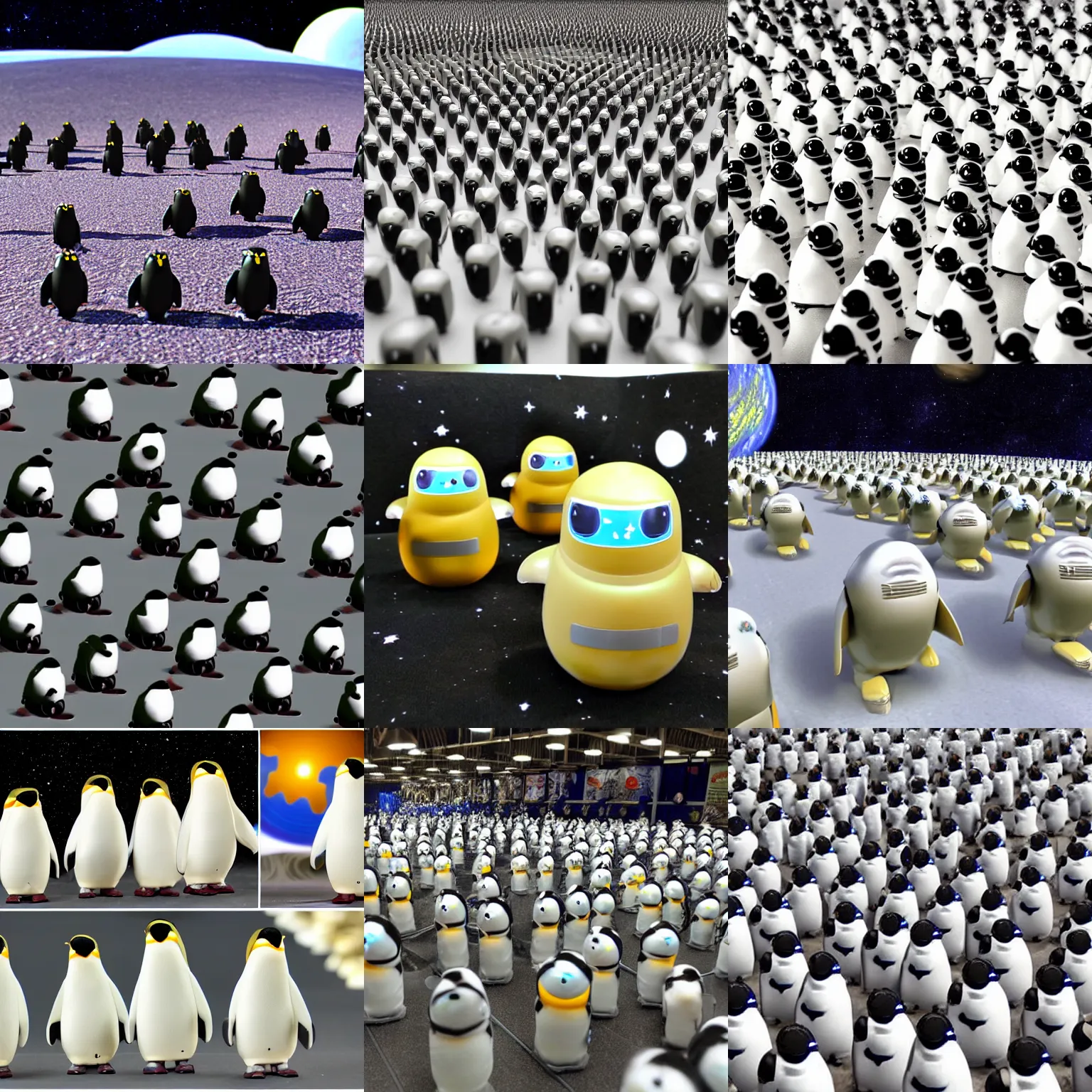 Prompt: army of robotic space penguins, on cheese planet, invasion, hyper-realistic