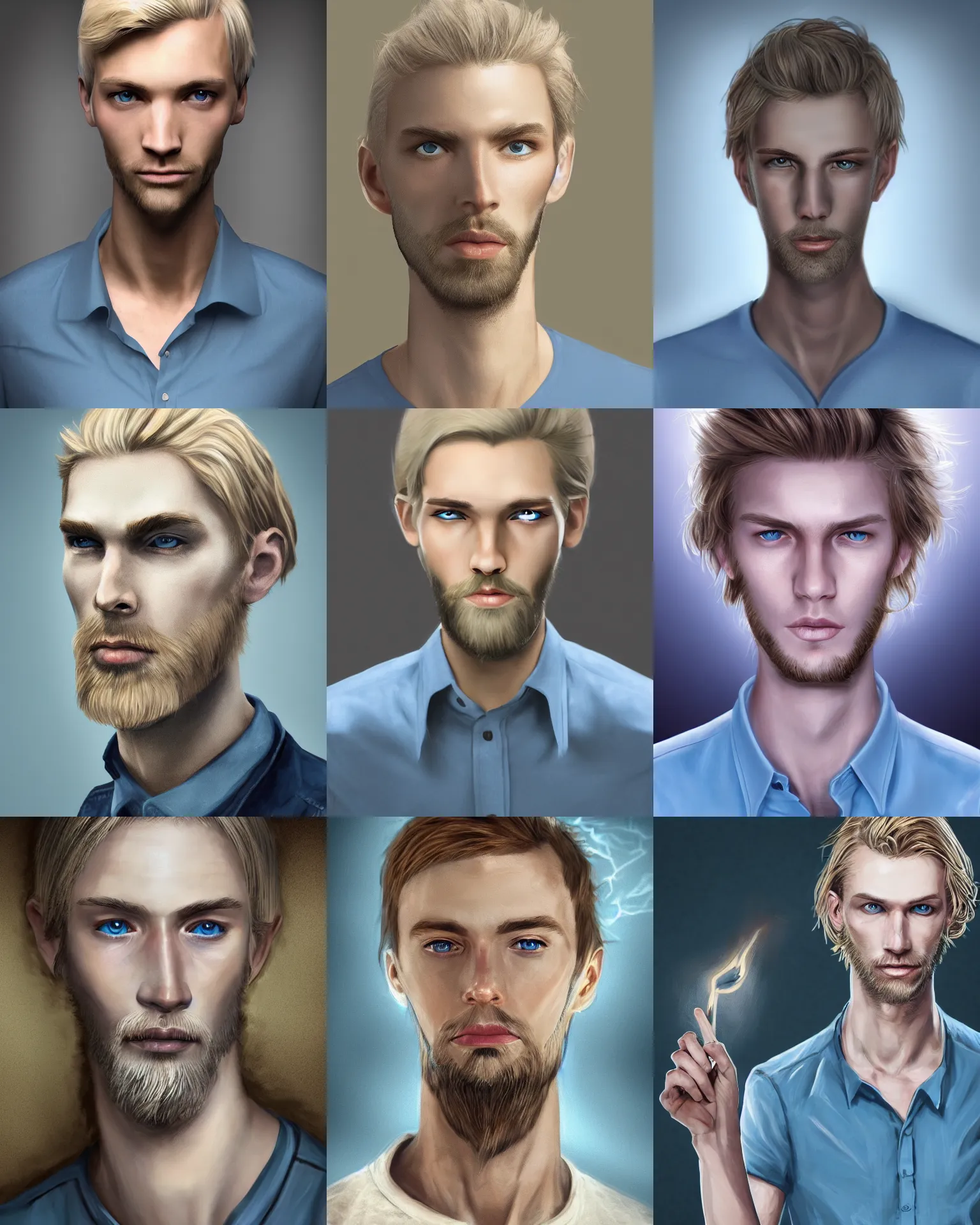 Prompt: digital portrait of a skinny white male, slightly longer blond hair and a light stubble beard, wearing a light blue shirt, blue eyes, rugged, magical, teenage, fantasy, wizard, trending artstation, dungeons & dragons, neutral expression, dark black background, award winning dark lighting, realistic, high detail