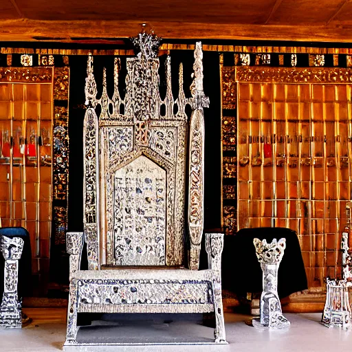 Image similar to a medieval throne room with a table and crystals as seats