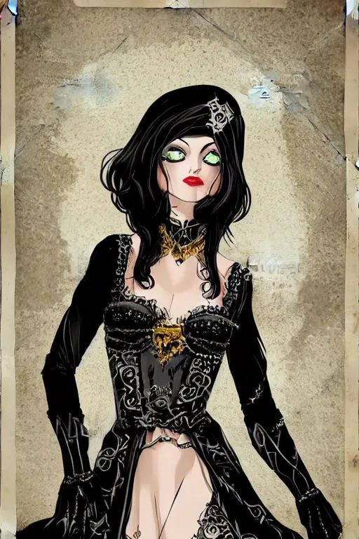 Image similar to pretty gothic sorceress wearing a tight dress with illustrious details, jewelry, ornated clothing, attractive, character concept