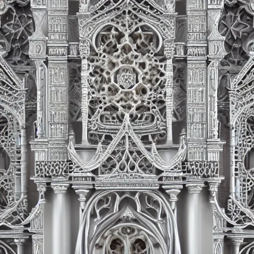 Prompt: a photo - real delicate ivory sculpture of an ornate detailed cathedral populated by mandelbrot fractals, micro detail, unreal engine, backlit lighting, octane renderer, catholicpunk, colorful, physically based rendering, carved soap, trending on cgsociety