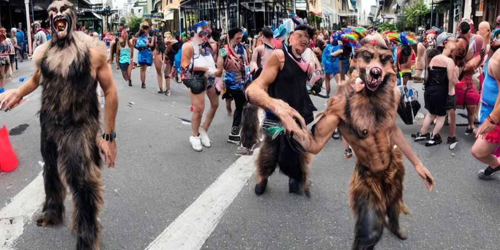 Prompt: a werewolf on the streets of New Orleans at pride