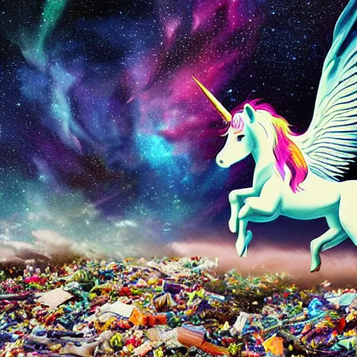 Image similar to 8 k capture scan of a iridescent unicorn with wings dancing in a garbage dump, the sky has the milky way, high textured, conceptual, intricate detailed painting, illustration sharp detail, manga 1 9 9 0