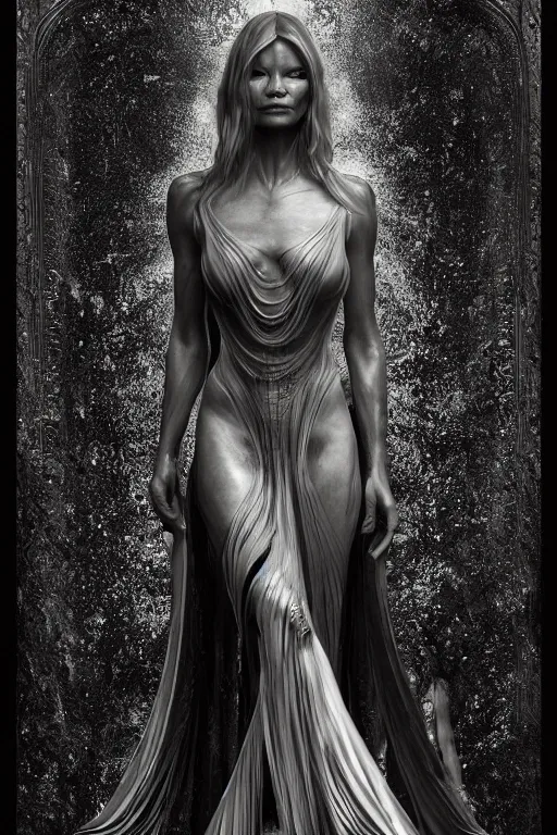 Image similar to a realistic dark photo of a beautiful ancient alien woman goddess kate moss standing in iris van herpen dress jewelery and fractals in style of alphonse mucha art nuvo dmt trending on artstation made in unreal engine 4