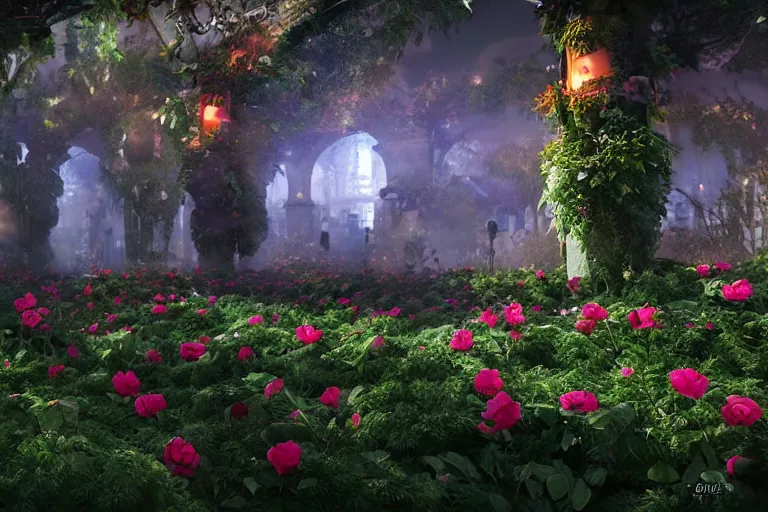 Image similar to garden of black roses, hyper realistic, ambient lighting, concept art, intricate, hyper detailed, smooth, dynamic volumetric lighting, octane, raytrace, cinematic, high quality, high resolution, 4 k, cgsociety, rutkowski, gurney