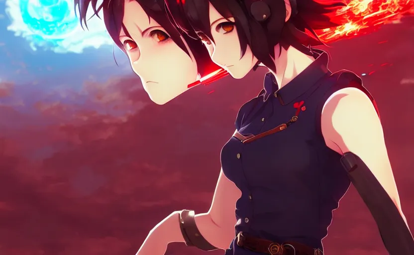 Image similar to makoto shinkai, artgerm, ilya kuvshinov, steampunk beautiful anime woman, red shirt brown pants, black and red hair hair, symmetrical face, symmetrical eyes, action scene, shooting fire war, detailed, summer setting, cinematic lighting