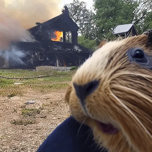 Image similar to a Guinea pig taking a selfie in front of a burning house