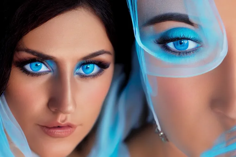 Image similar to Arab young Monica Belluci, tanned, bright blue eyes, white transparent veil, glare face, light blue dress portrait