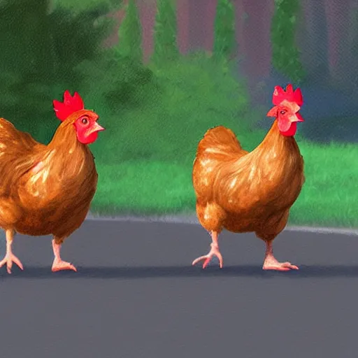 Prompt: two chickens racing across the road, illustration, artstation, vivid colors,