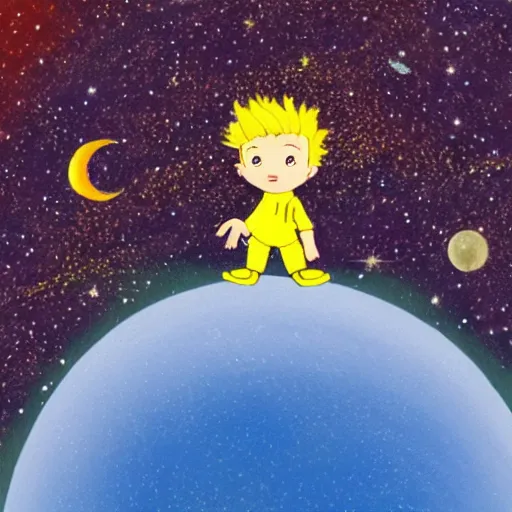 Prompt: the little prince on a little round planet floating in space