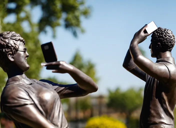 Image similar to photo still of a bronze statue of a person using an iphone to take a selfie, park on a bright sunny day, 8 k 8 5 mm f 1 6