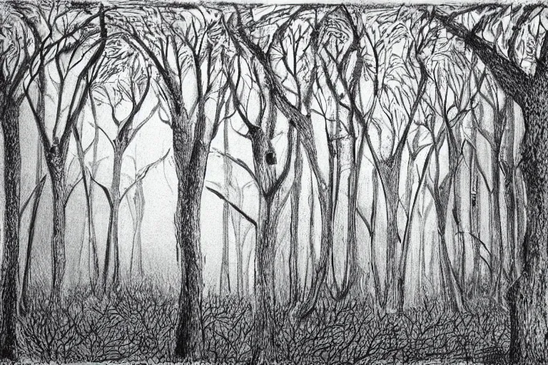 Image similar to forest of the soul, eyes of strange creatures hiding in the dark waiting to devour, snakes to strangle, cobwebs and old trees, a glimpse of hope, ink and ballpoint