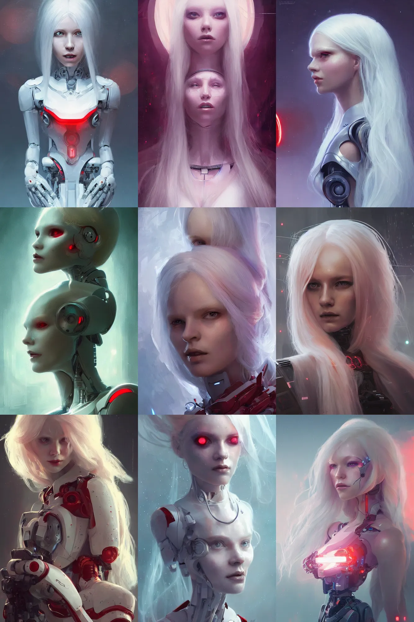 Prompt: A beautiful robotic woman with long white hair and red eyes, albino, cinematic lighting, soft bokeh, sci-fi, modern, colourful, highly detailed, digital painting, artstation, concept art, sharp focus, illustration, by greg rutkowski