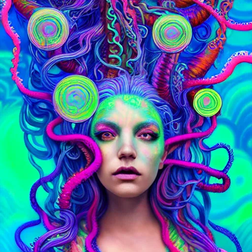 Image similar to A sea goddess with neon tentacles hair having an extremely colorful psychedelic experience, warping time and space, magic mushrooms, psilocybin, LSD, face, detailed, intricate, elegant, highly detailed, digital painting, artstation, concept art, smooth, sharp focus, illustration, art by Krenz Cushart and Artem Demura and alphonse mucha, Octane render, unreal engine, 8K