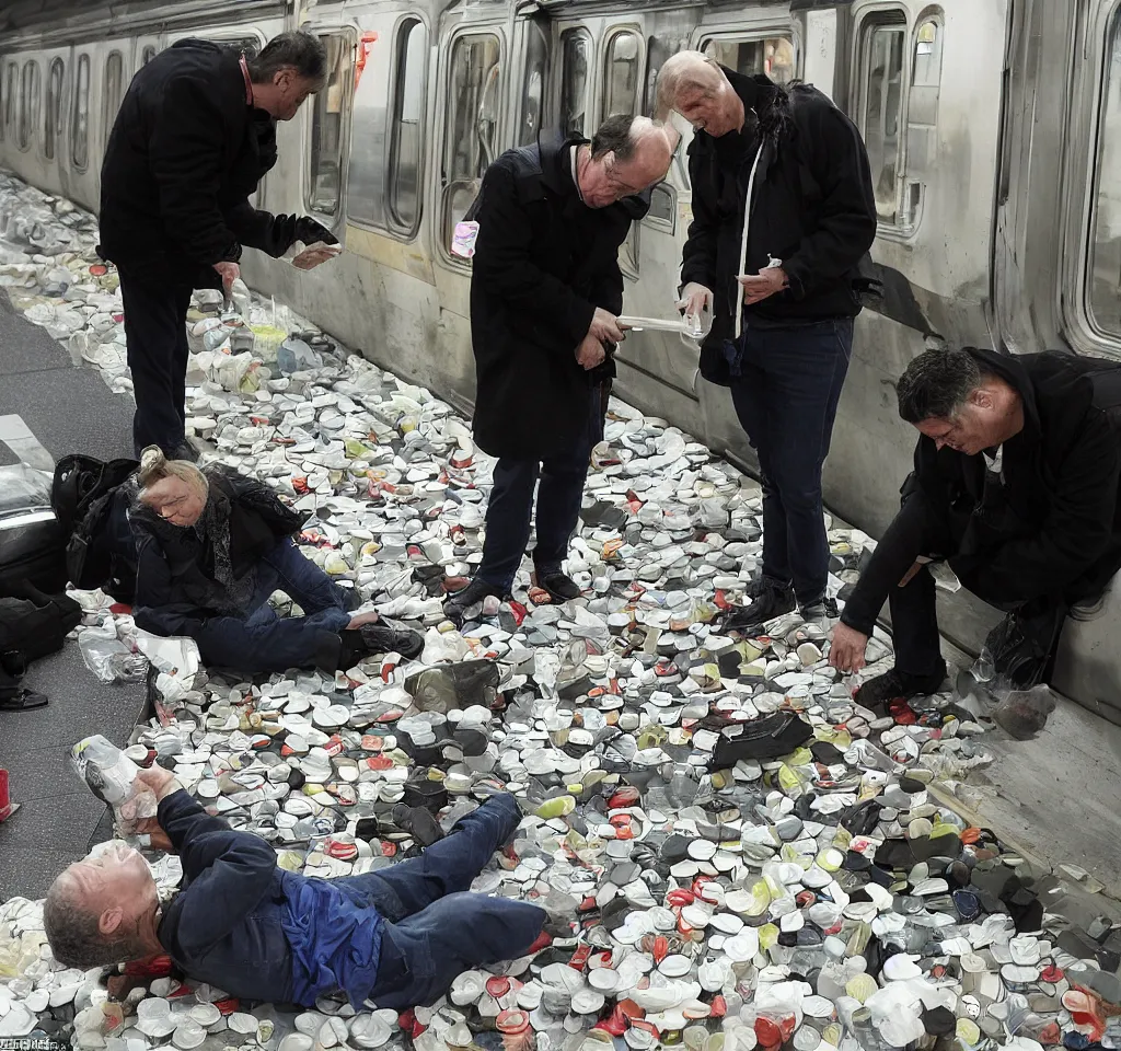 Image similar to this man was counting tablets, then he dropped them on the floor. he asked the woman next to him if the train floor had been poisoned. she didn't know, but told him that perhaps if the air had been poisoned that it didn't matter, but if the floor had been cleaned with water, then perhaps the water had been poisoned