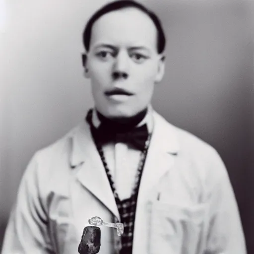 Prompt: a faceless man with a crystal rock as a head and face wearing a lab coat, vintage photography, realistic, 3 5 mm, polaroid, photograph