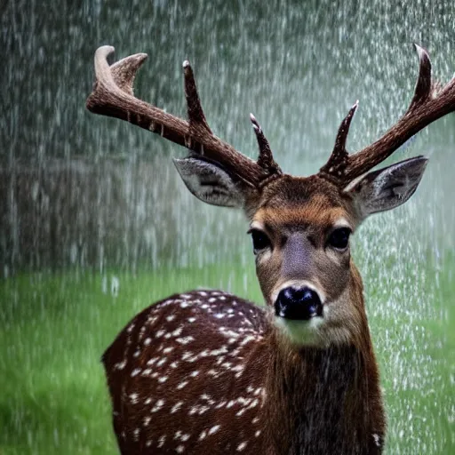 Image similar to 4 k hdr wide angle detailed portrait of a deer as a human instagram model soaking wet standing in the rain shower during a storm with thunder clouds overhead and moody stormy lighting sony a 7