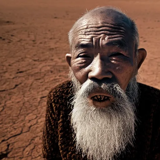 Image similar to floating old asian man with beard, his head covered in jewels, full face occult silver mask, glowing eyes, wearing a large carved wooden stick, smoke around him, in the dry rock desert, cinematic shot, wide angle, desert background, multiple eyes by Denis Villeneuve, Lubezki, Gaspar Noe and Christopher Doyle, Alejandro Jodorowsky, anamorphic lens, anamorphic lens flares, kodakchrome, cinematic composition, practical effects, award winning photo, 8k