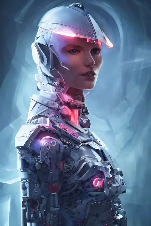 Image similar to detailed portrait of a cyborg, necromancer, benevolent, scifi, futuristic, beautiful girl, elegant cape, glow, concept art, sharp focus, inside a space ship, trending on artstation, intricate, advanced technology, art by roman makarenko and simon almeida and marcos melco