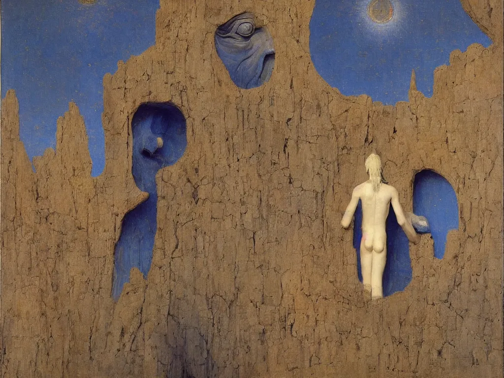 Prompt: Albino mystic with his back turned, looking in the distance at giant totemic archaic sculpture mask Tibetan temple made from Lapis Lazuli. Painting by Jan van Eyck, Beksinski, Caspar David Friedrich, Rene Magritte, Agnes Pelton, Max Ernst, Walton Ford