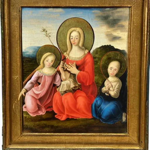 Prompt: 1 7 th century painting of 3 mary's, and 2 angels in the background