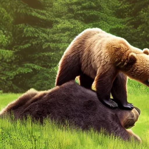 Prompt: a photo of bob ross riding on the back of a brown bear, outdoor, hyperrealistic, shutterstock contest winner, digital art, national geographic photo