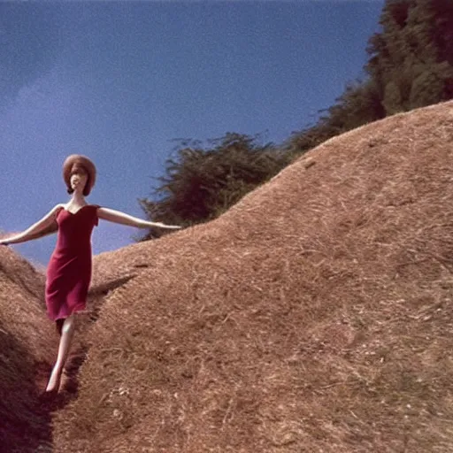 Prompt: woman with an inflatable nose, long snout, long inflatable arms, in the hillside, 1974 fellini, archival footage, technicolor film