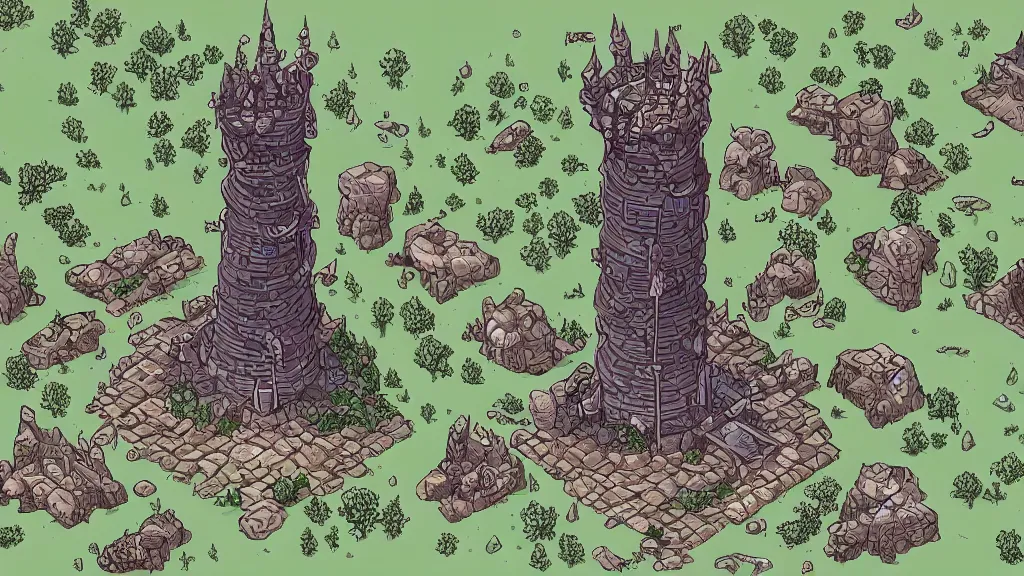 Image similar to aerial view of a wizard tower that's surrounded by resources, lineart from a resource gathering game