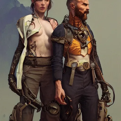 Image similar to portrait painting of a futuristic rugged male and female stood next to each other, colonisation, model pose, ultra realistic, concept art, intricate details, eerie, highly detailed, photorealistic, octane render, 8 k, unreal engine. art by artgerm and greg rutkowski and alphonse mucha