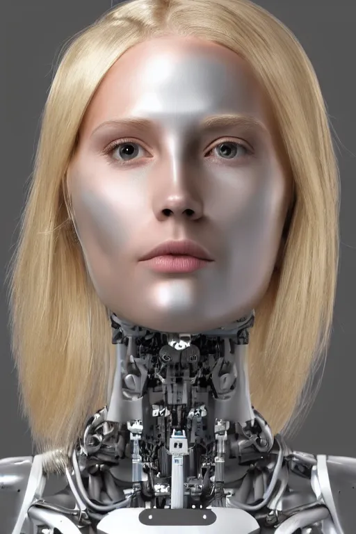 Image similar to robot with human face, female head, full body angle, woman human face, human face realistic, beautiful blonde hair, human head, human head with blonde hair, blonde hair human head, blonde hair, human realistic face, human head skin, cyborg frame concept, cyborg by ales-kotnik, sci-fi android female, the body is made of wires, robotic body, cyborg body, cyborg bust body, robot body cyborg, full body