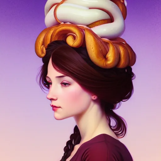 Prompt: portrait of a girl with a bundt cake on her head, digital art, cinematic, concept art, 8k, painting, imaginefx, cgsociety, art nouveau, Alphonse Mucha, trending on artstation