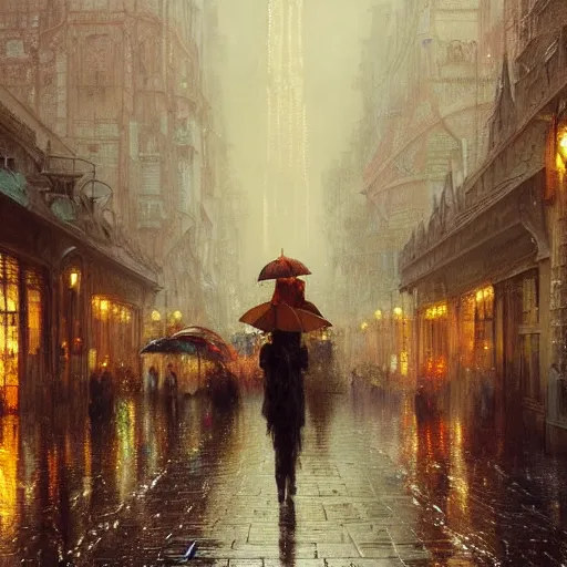 Image similar to a beautifull intricate city, wet sidewalk, peoples, reflexions, raindrops, high details by william turner art, greg rutkowski and alphonse mucha, trending on artstation, very very detailed, masterpiece,