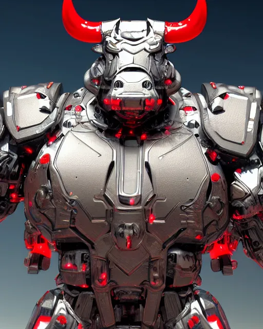 Image similar to a full body shot of an imposing cyborg ( bull ) modeled after a bull looking into the camera, android, cyborg, full body shot, red, intricate, 3 d, hyper realism, symmetrical, octane render, strong bokeh, fantasy, highly detailed, depth of field, digital art, artstation, concept art, cinematic lighting, trending