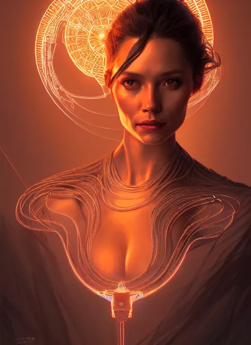 Image similar to portrait of drone host from westworld, intricate, elegant, glowing lights, highly detailed, digital painting, artstation, glamor pose, concept art, smooth, sharp focus, illustration, art by artgerm and greg rutkowski, artey freytag