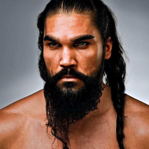 Image similar to portrait of khal drogo from games of thrones, mascular, symmetrical, nikon 3 5 mm photography, ultrarealistic