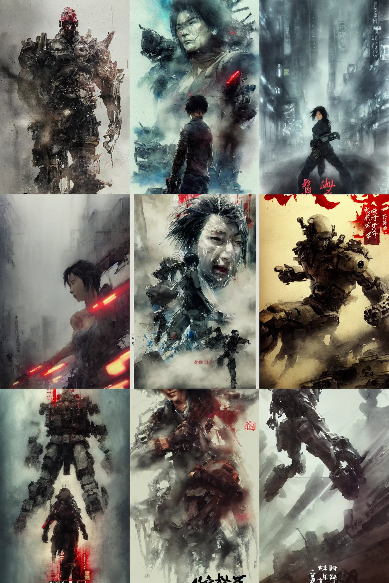 Prompt: incredible ruan jia movie poster, painted ,masterful detailed watercolor, japan, anime face, yoji shinkawa, kastuhiro otomo, kaiju broken robot limbs claw at the the fog in the background, foggy, light rain, sparks, movie scene close up emotional miss Kusanagi face, short bob hair, wet highway chase, brown mud, dust, robot arm, emotional face shot ,light rain, glowing japanese advertisements on buildings, hd, 4k, remaster, dynamic camera angle, deep 3 point perspective, fish eye, dynamic scene