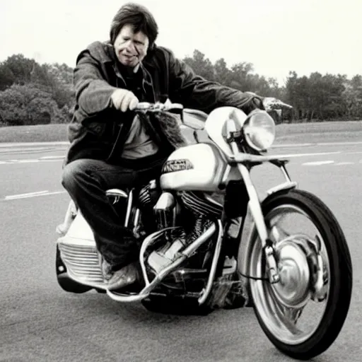 Prompt: stephen king riding a motorcycle