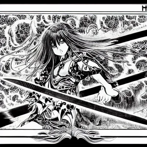 Image similar to highly detailed perspective drawing black and white goetic pen and ink manga panel by hiroya oku!! mucha illustrated sorcerer beautiful attractive long hair chris bell fxv flowing ritual royal!!! vagabond! manga panel swords dramatic esoteric!!!!!! long hair flowing dancing illustrated in high detail by frank miller, shonen jump