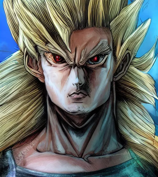 Prompt: award winning 5 5 mm close up portrait color photo of super saiyan trump, in a park by luis royo. anime horror style. soft light. sony a 7 r iv